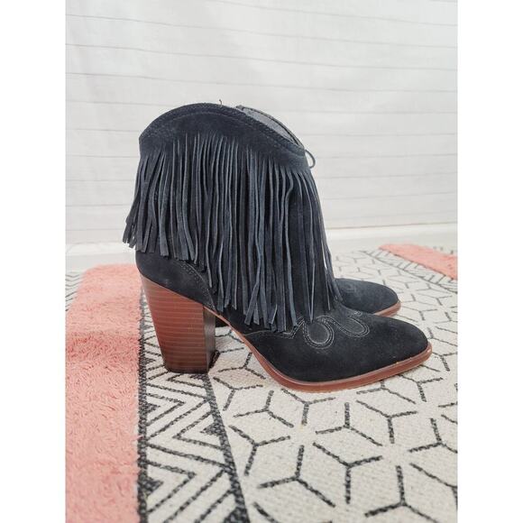 SAM EDELMAN BENJIE FRINGE POINTED TOE HEELED BOOTS IN BLACK, SZ 7.5 - Picture 1 of 13